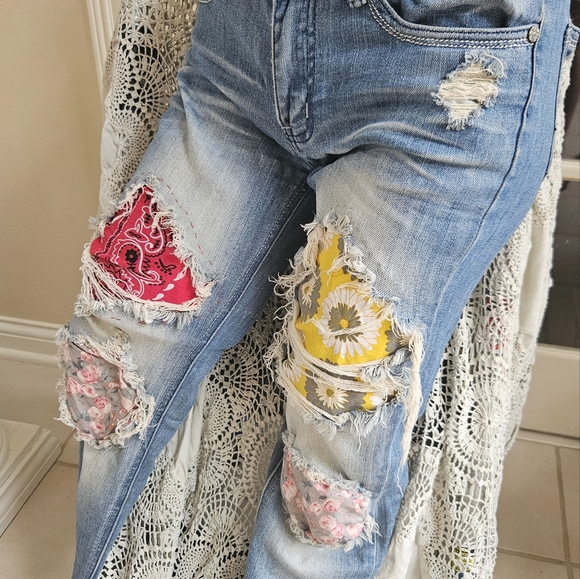 Stylish Distressed Blue Jeans with Colorful Patches.  UPCYCLED JEANS! - Picture 1 of 5